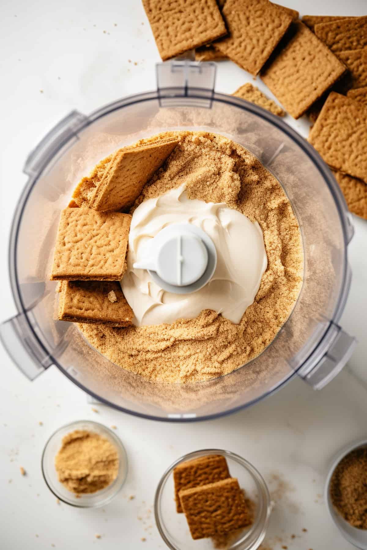 Graham cracker crumbs in a food processor.