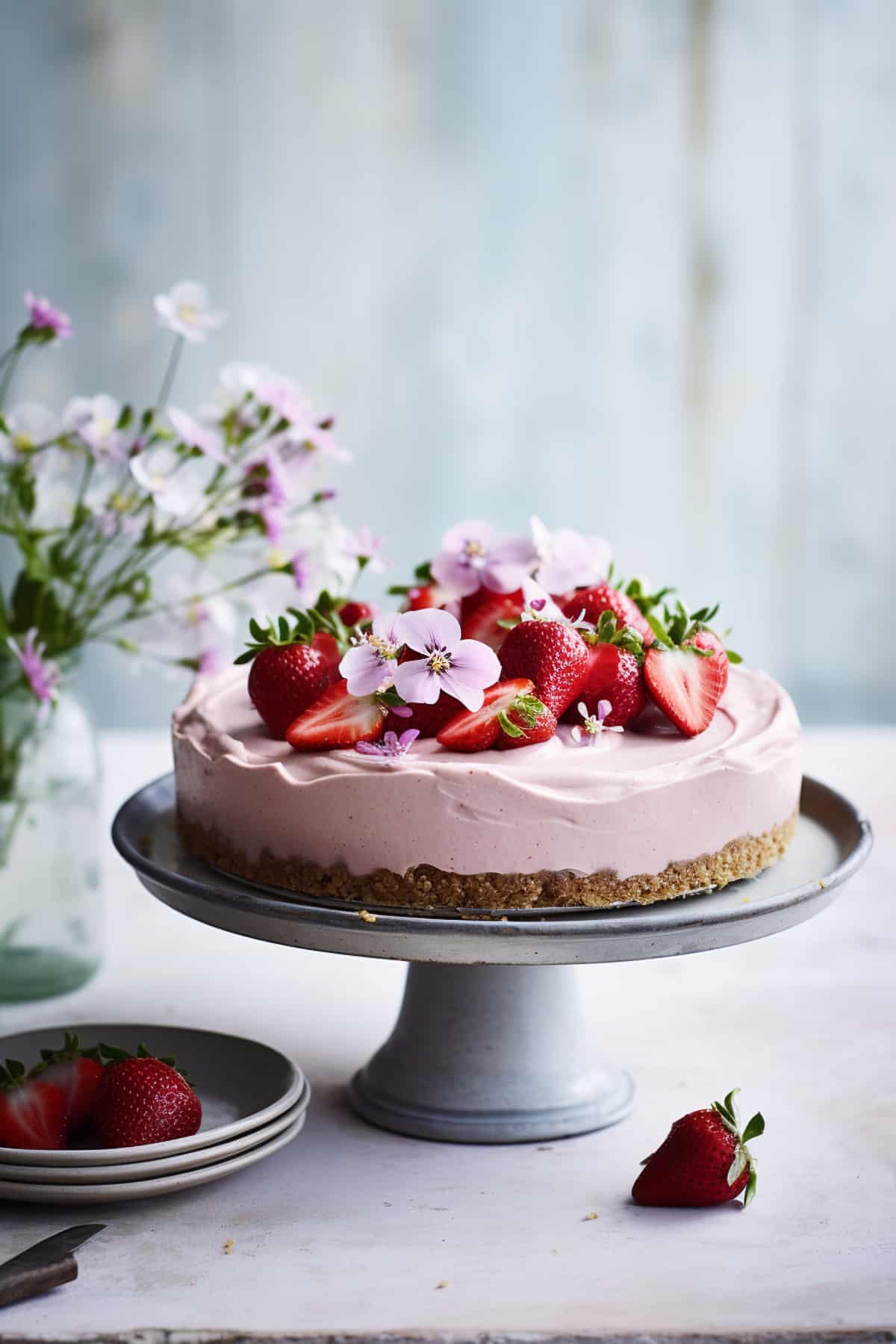 Strawberry no bake cheesecake on a cake platter.