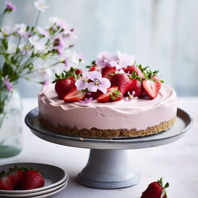 Strawberry no bake cheesecake on a cake platter.