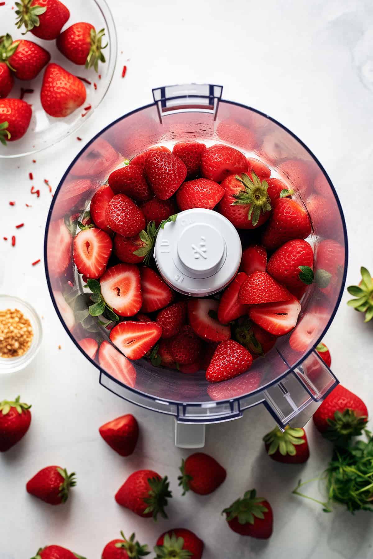 Strawberries in a food processor for cheesecake.
