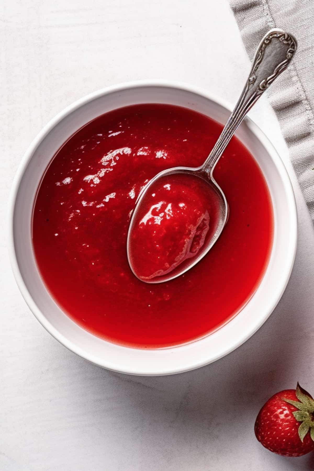 Strawberry puree in a bowl after being blended.