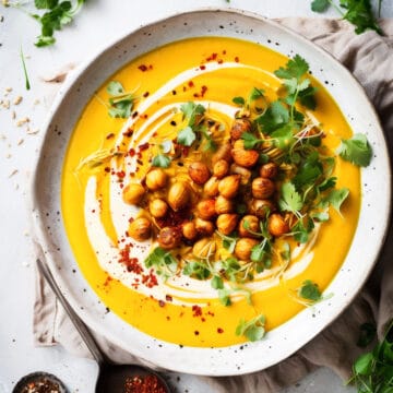 Sweet potato curry soup with roasted chickpeas.