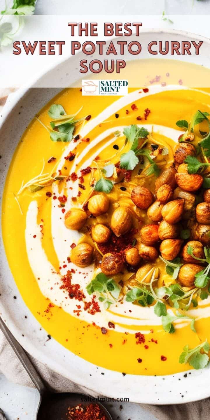 Sweet potato curry soup with chickpeas on a white bowl.