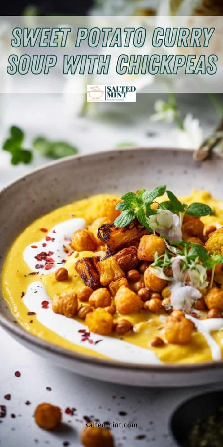 Sweet potato curry soup with chickpeas on a white bowl.