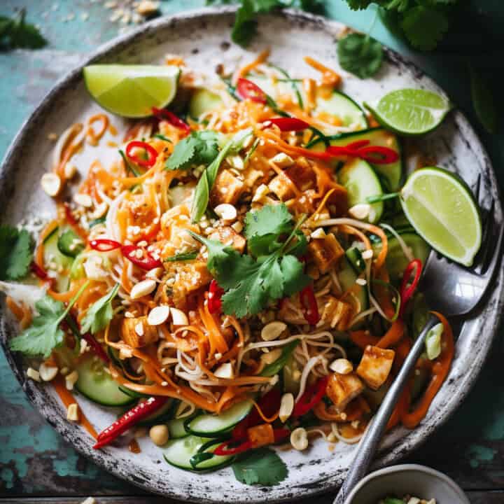 Vegetable pad thai on a white plate.