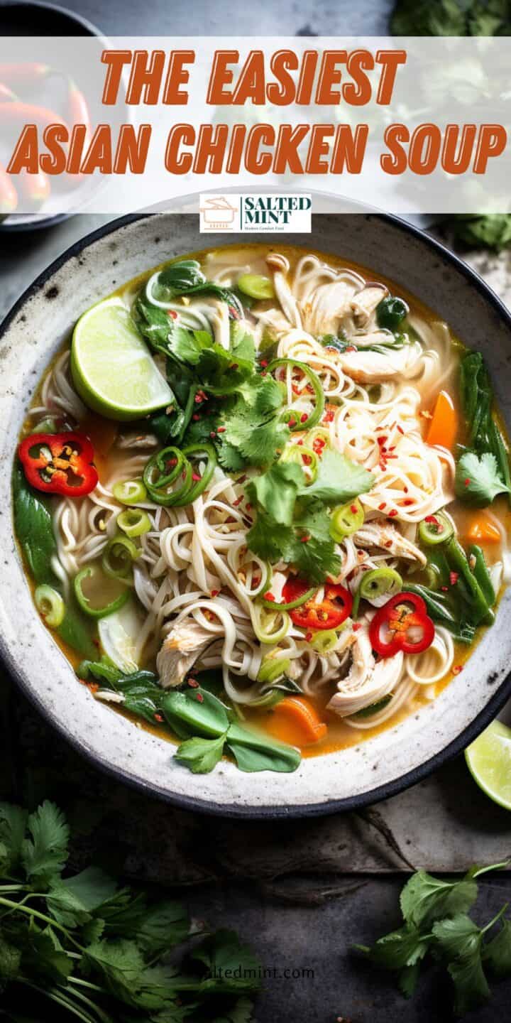 Asian chicken noodle soup in a grey bowl.