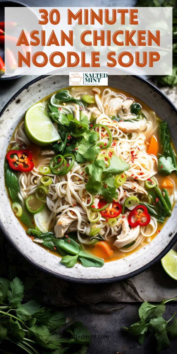 Asian chicken noodle soup in a grey bowl.
