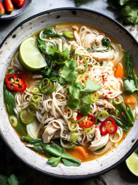 Asian chicken noodle soup with carrots and vegetables.