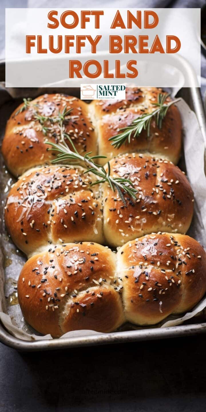 Bread rolls in a baking tray with text overlay.