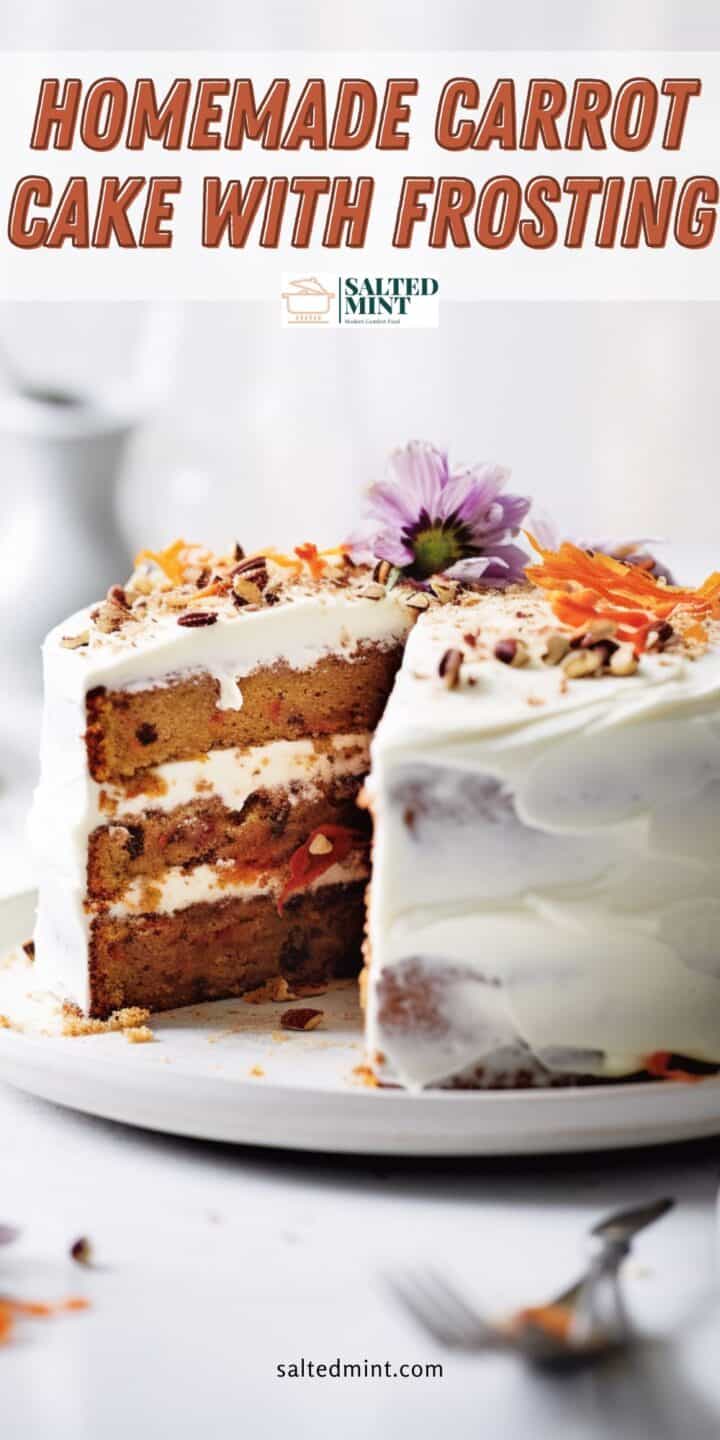 Carrot cake with cream cheese frosting with text overlay.