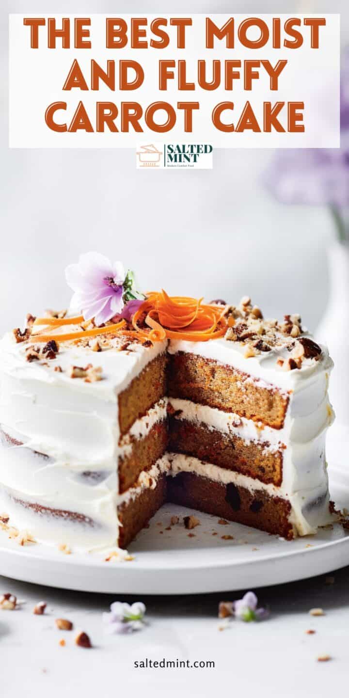 Carrot cake with cream cheese frosting with text overlay.