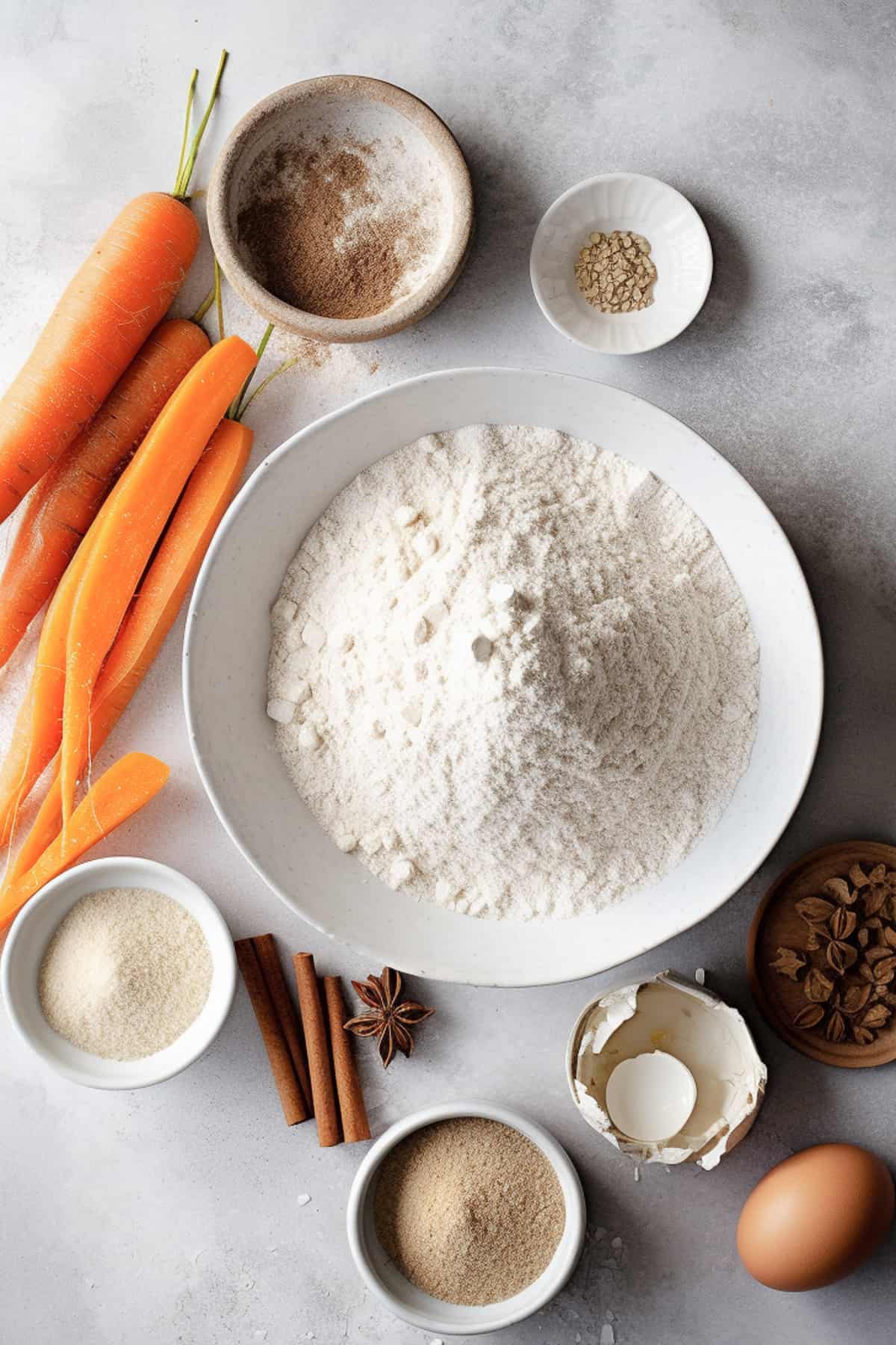 Ingredients for carrot cake on a grey table.