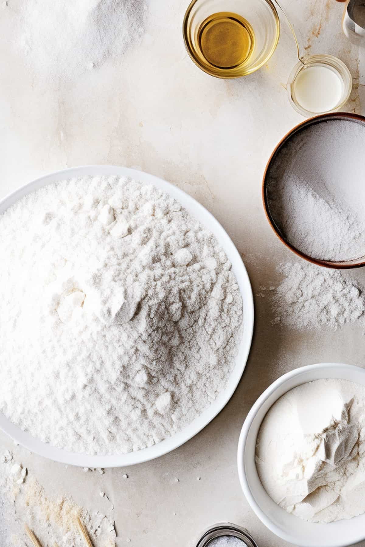 Flour, yeast and salt for making garlic flatbread.