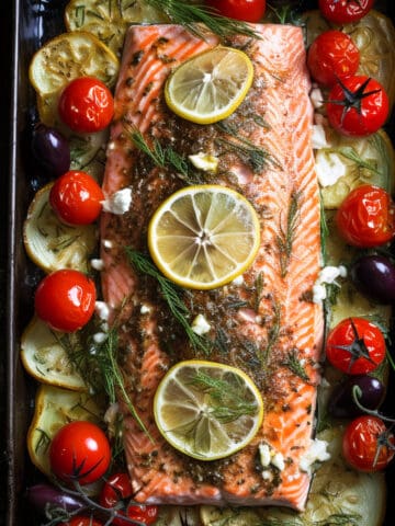 Greek Salmon baked with Mediterranean herbs and lemon.