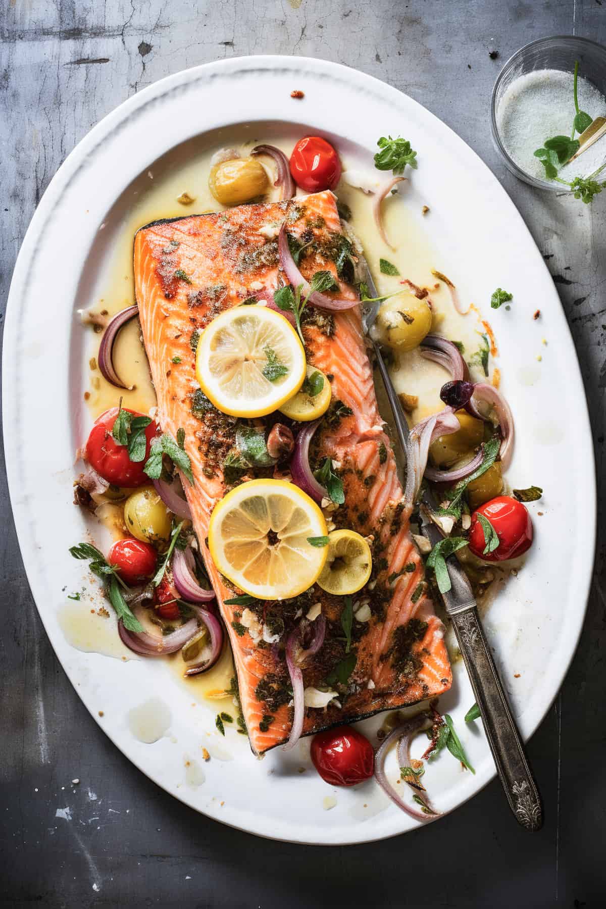 Baked greek salmon with lemons and herbs.