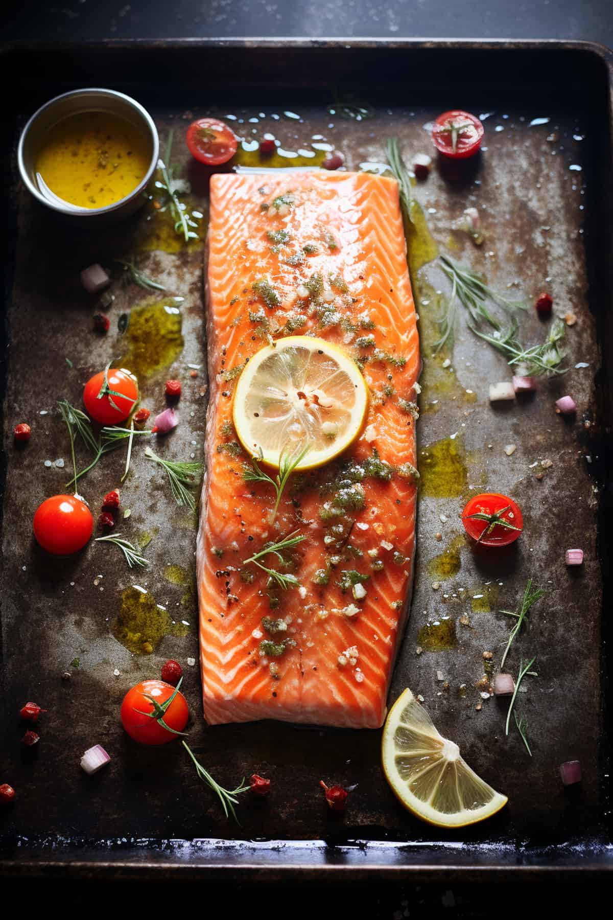 Greek Salmon before baking with lemon and herbs.