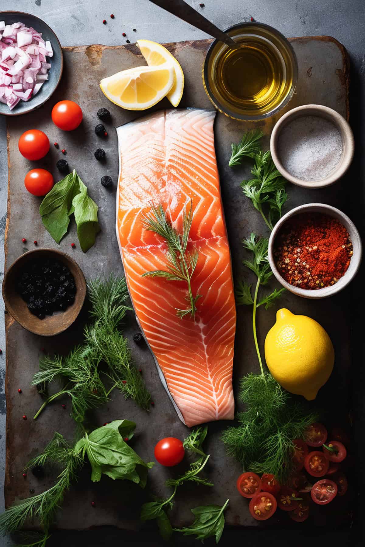 Ingredients for Greek salmon on a wooden board.