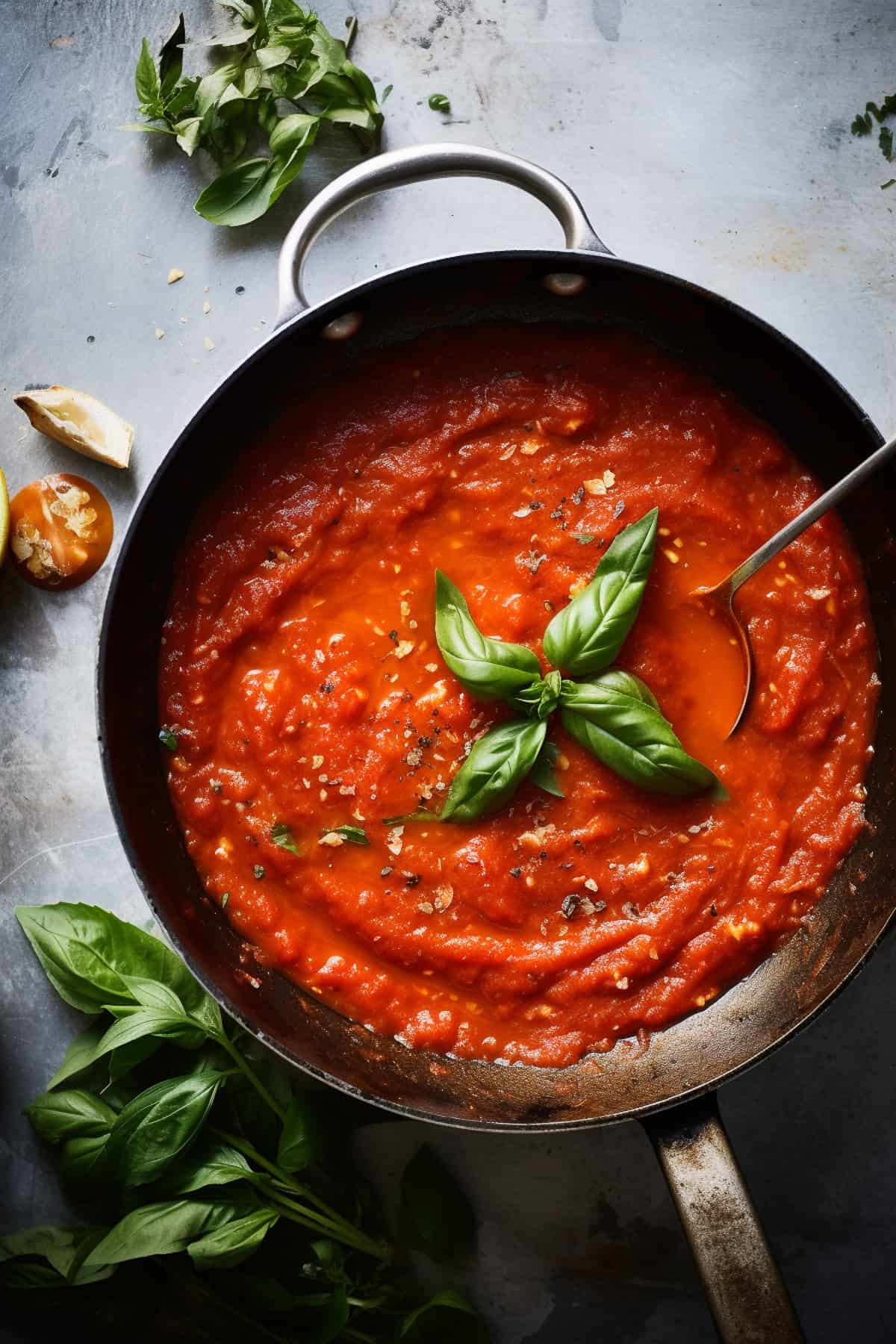Pomodoro sauce in a pan with basil.