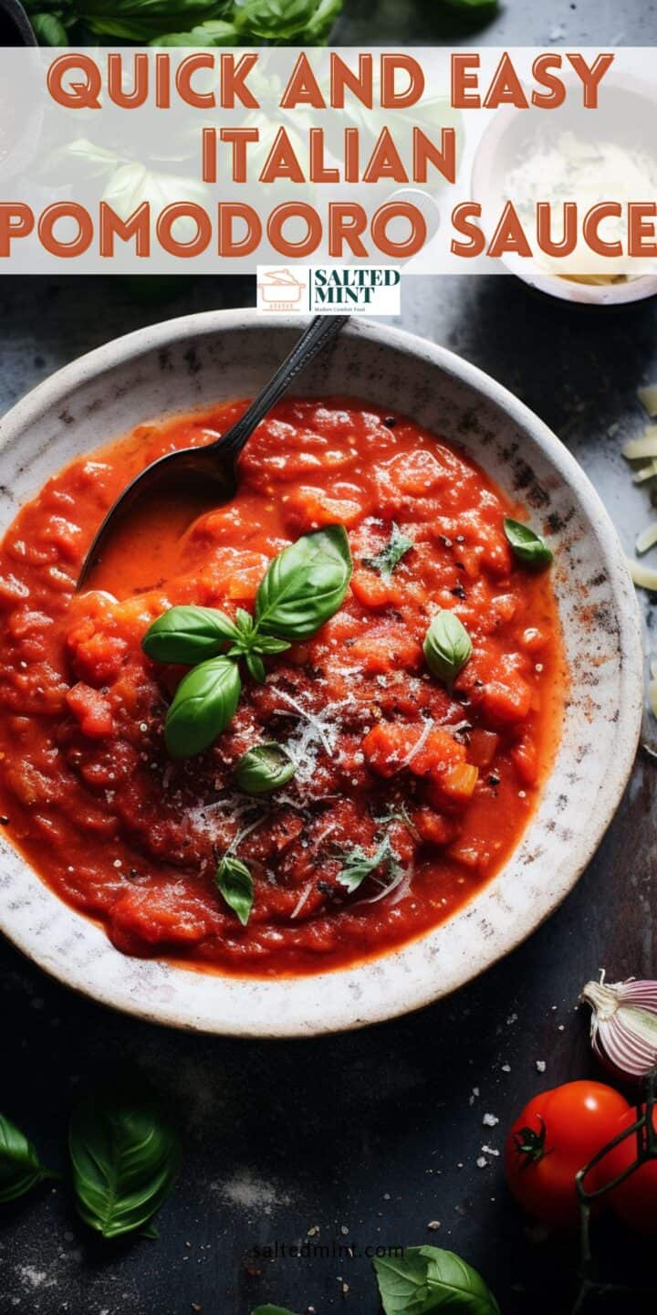 Pomodoro sauce in a bowl with basil.