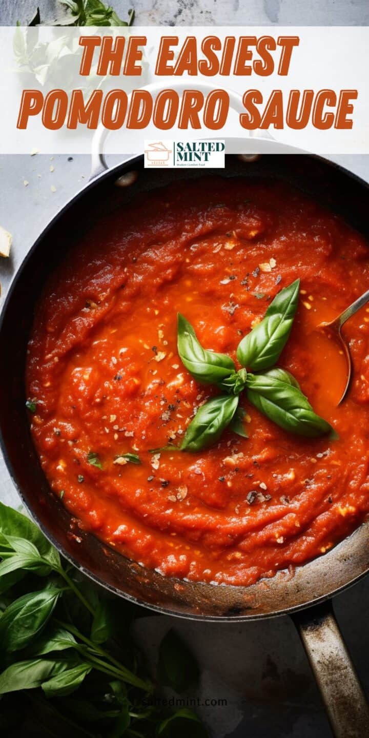Pomodoro sauce in a bowl with basil.