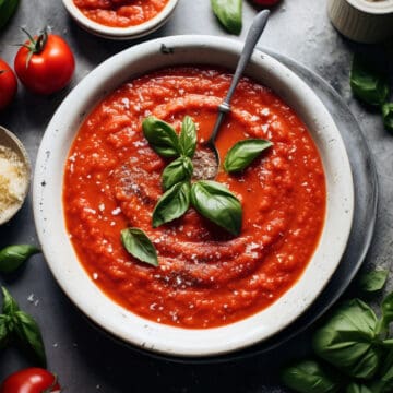 Classic pomodoro sauce in a bowl with basil.