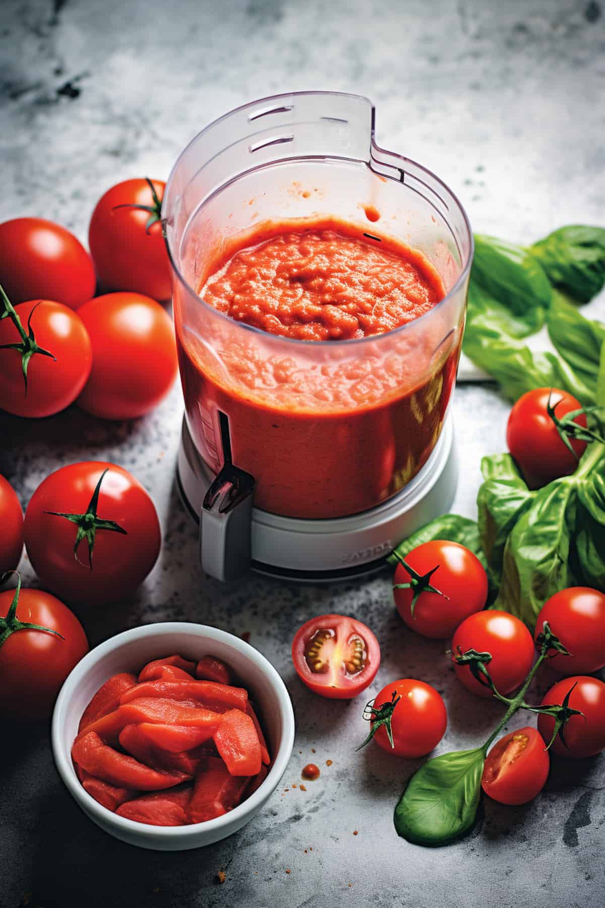 Blended tomatoes for pomodoro sauce.