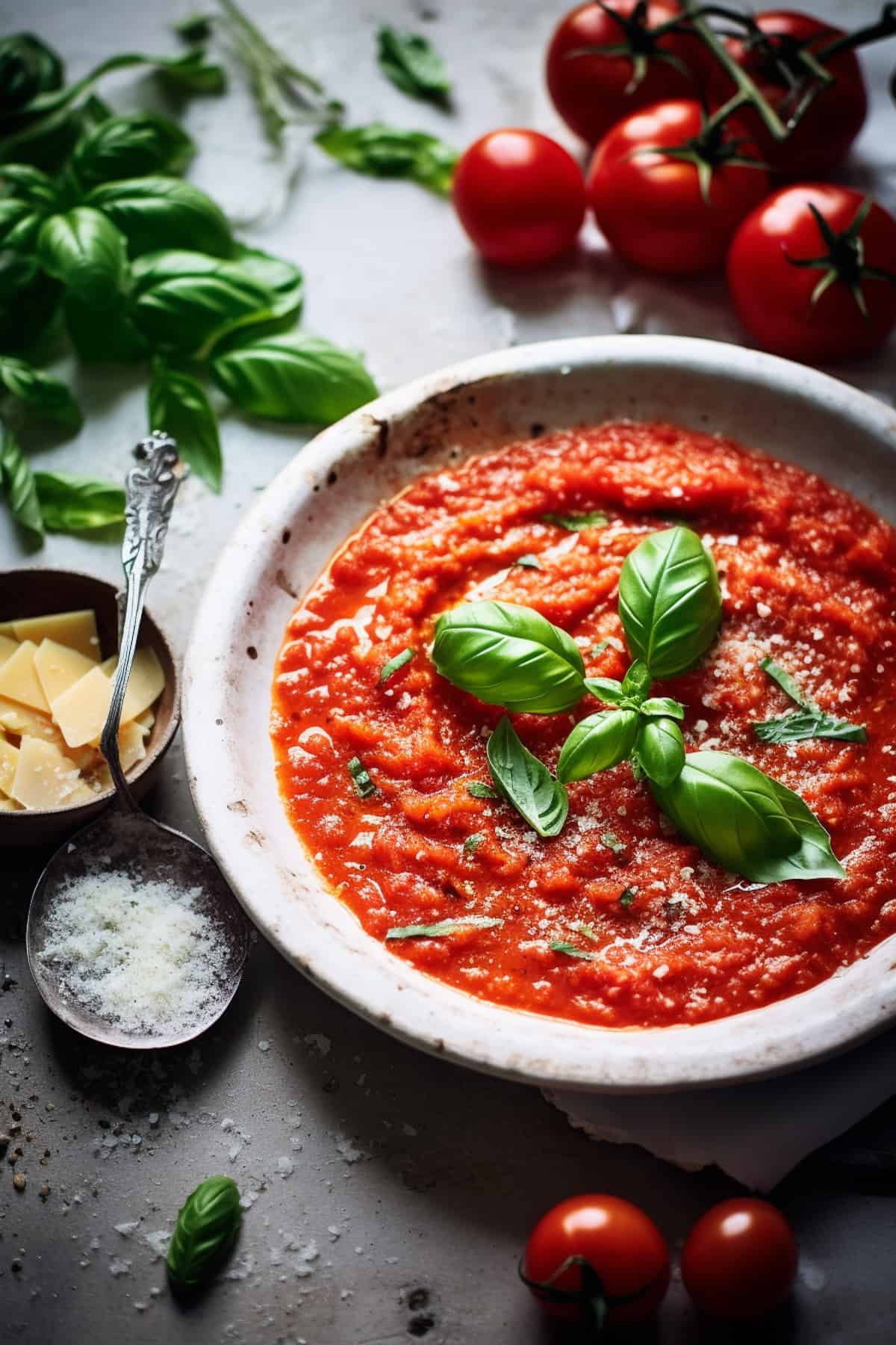 Classic pomodoro sauce in a bowl with basil.