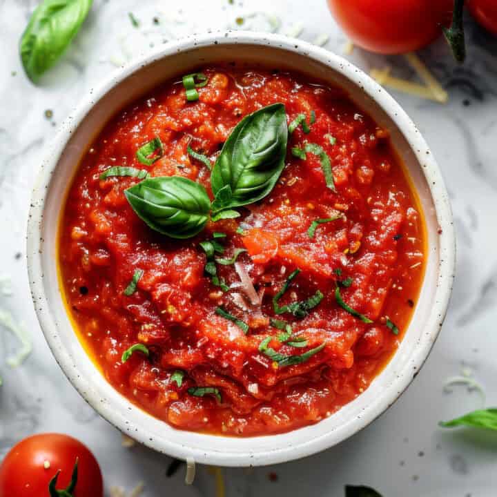 Pomodoro sauce in a white bowl with basil.