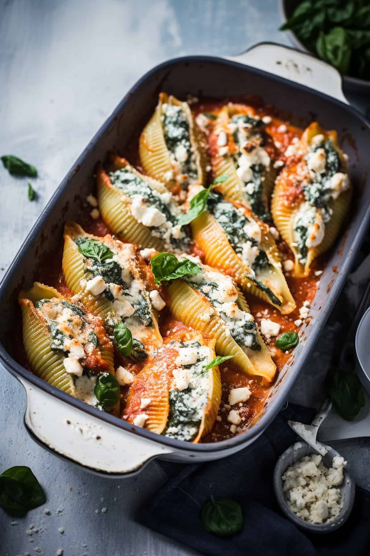 Cheese topped spinach and ricotta shells in a baking pan.