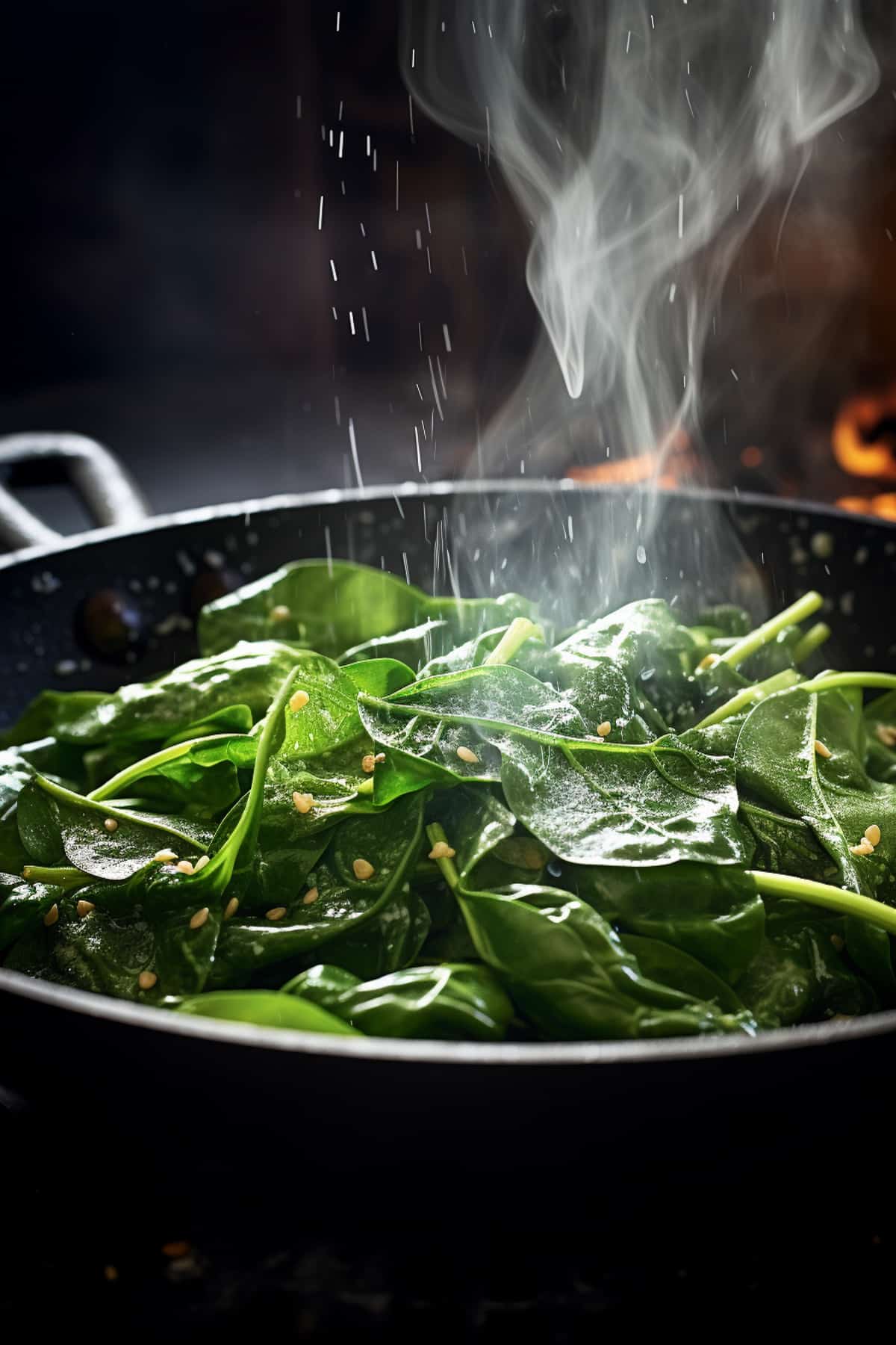 Wilting spinach in a pan for stuffing into pasta shells.