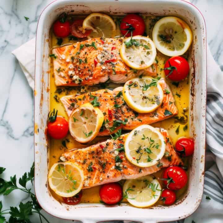 Greek Salmon baked with Mediterranean herbs and lemon.