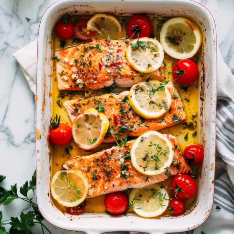 Greek Salmon baked with Mediterranean herbs and lemon.