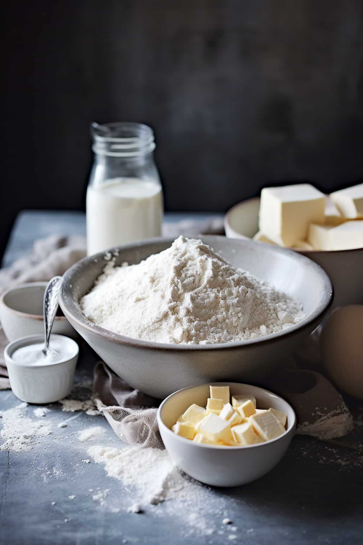 Ingredients for bechamel sauce with milk.