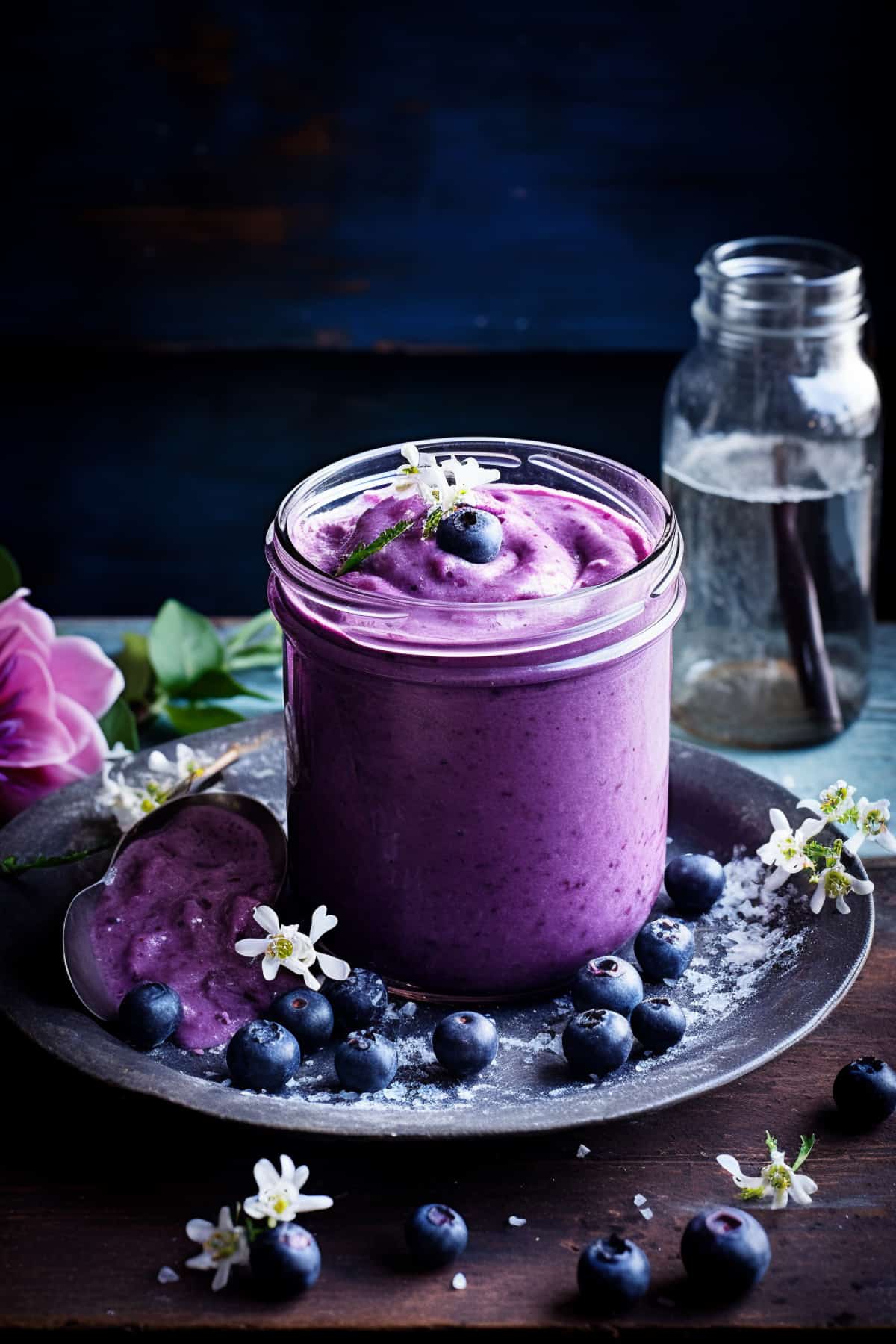 Blueberry curd in a jar with fresh blueberries.