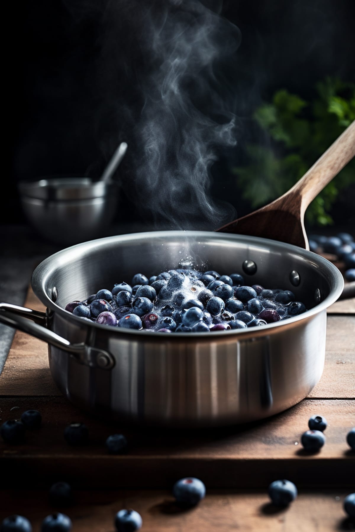 Blueberries and lemon juice in a sauce pan for making curd.