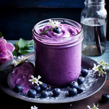 Blueberry curd in a jar with fresh blueberries.