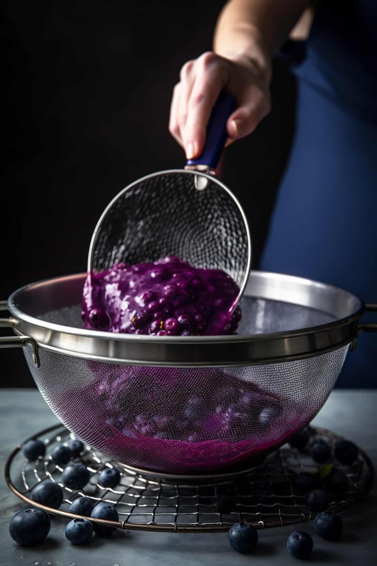 Blueberries being strained for making puree.