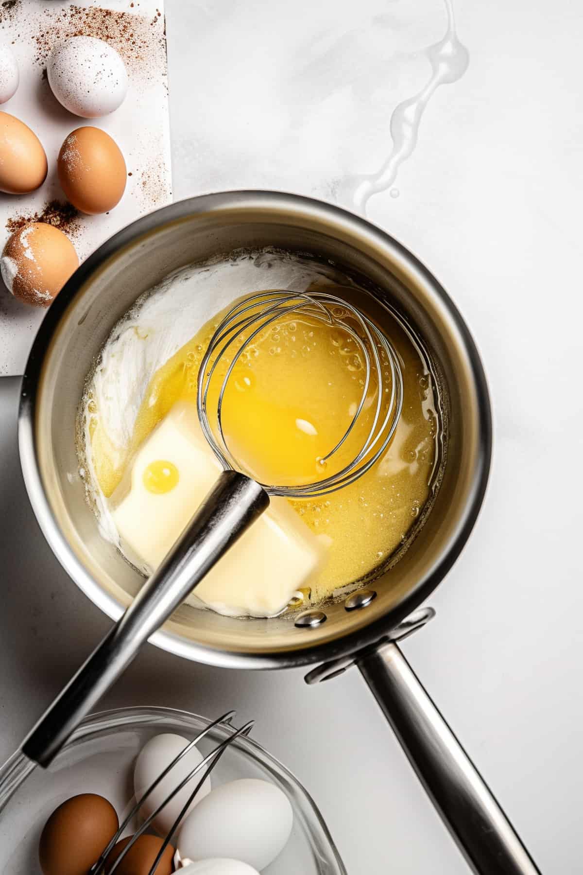 Butter and eggs being whisked in a sauce pan.