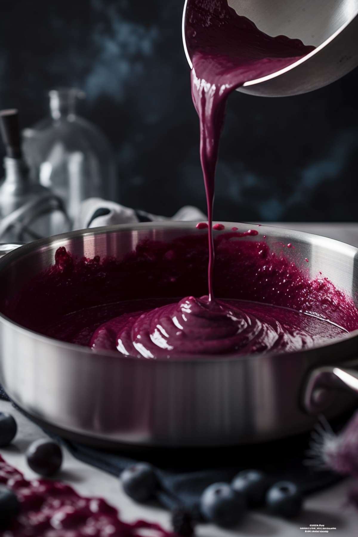 Blueberry puree being added to eggs and butter for curd.