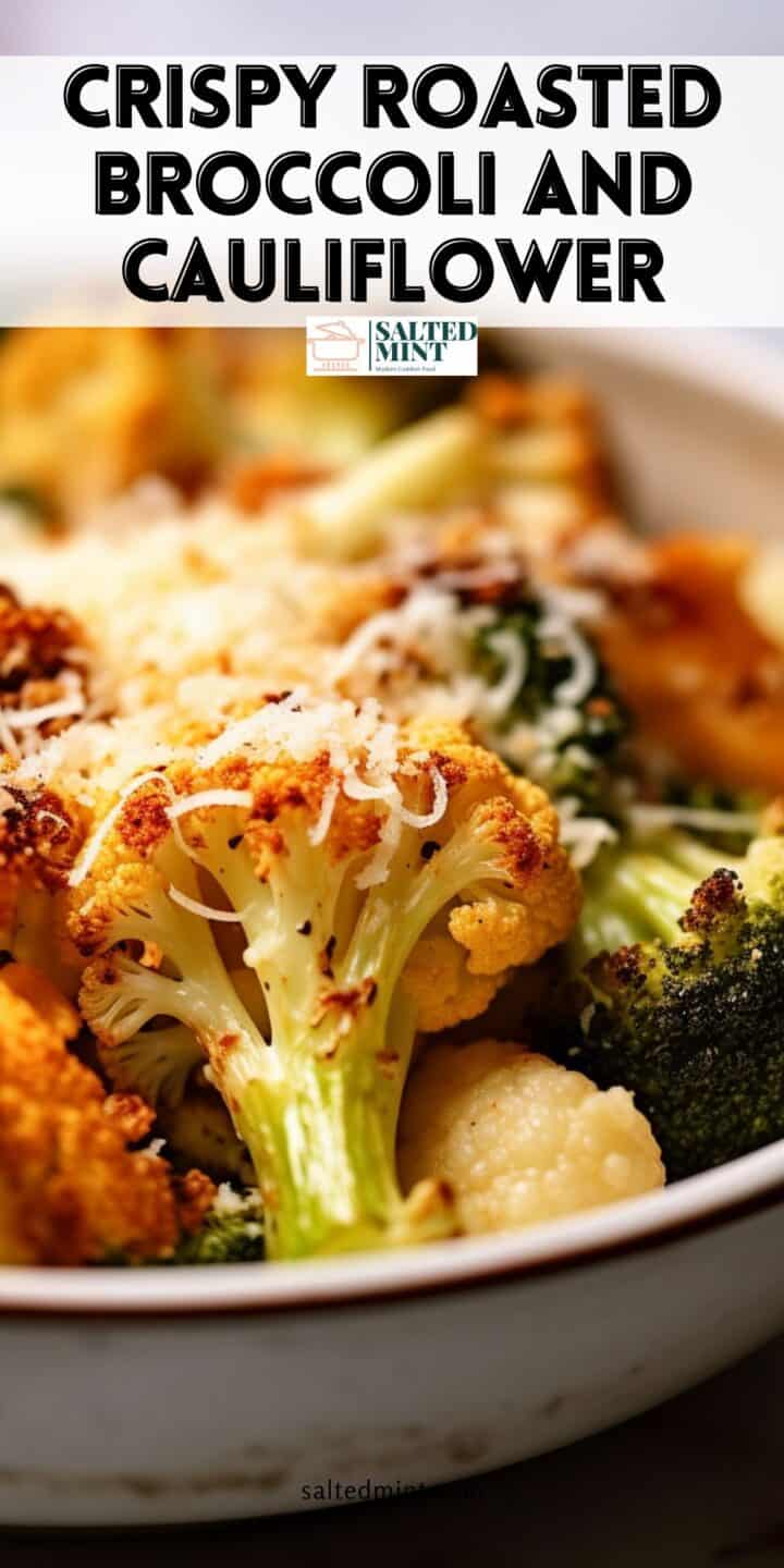 Broccoli and cauliflower roasted with parmesan cheese.