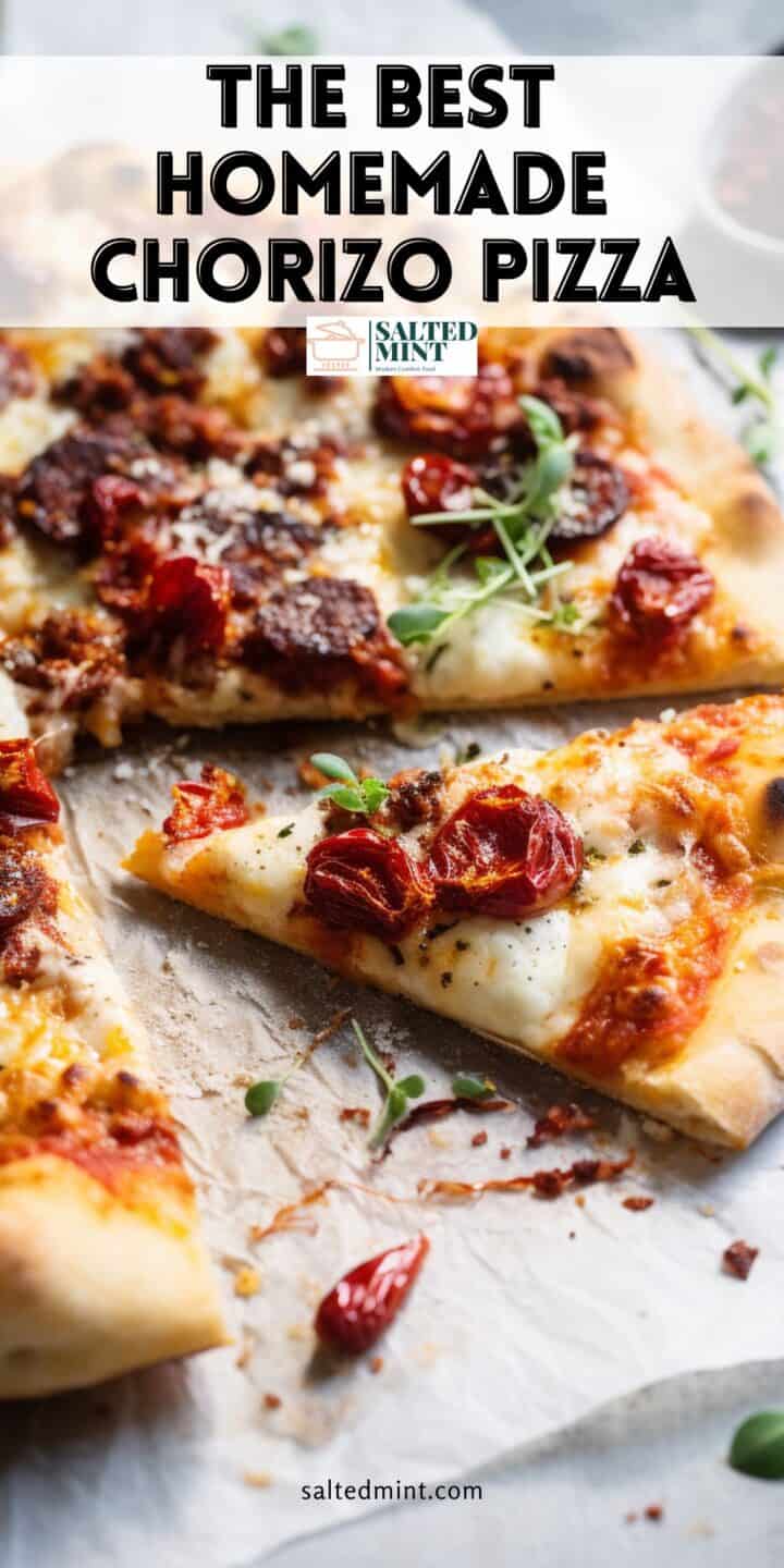 Chorizo pizza with fresh basil and cheese.