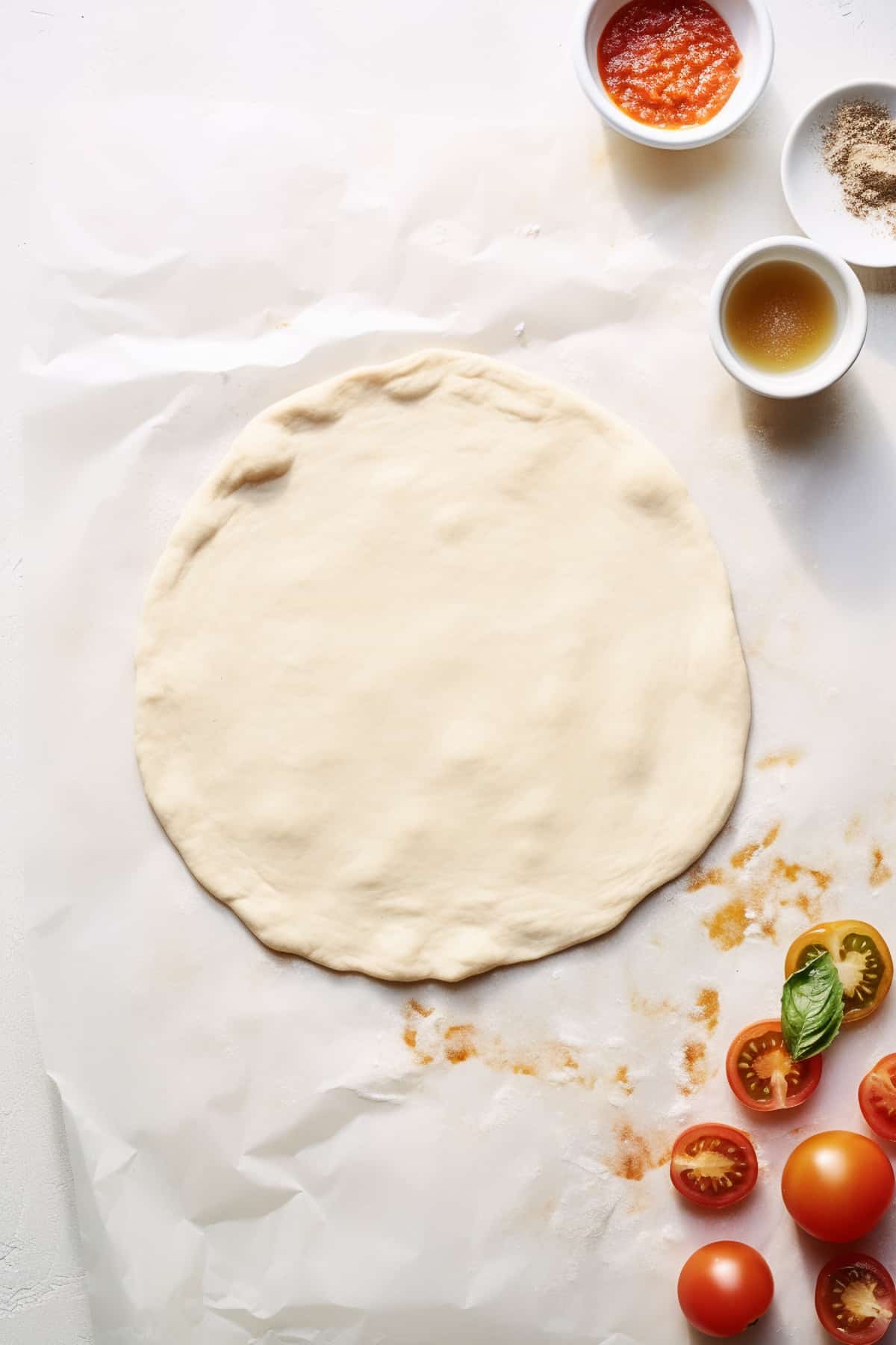 Pizza dough rolled out on a white table.
