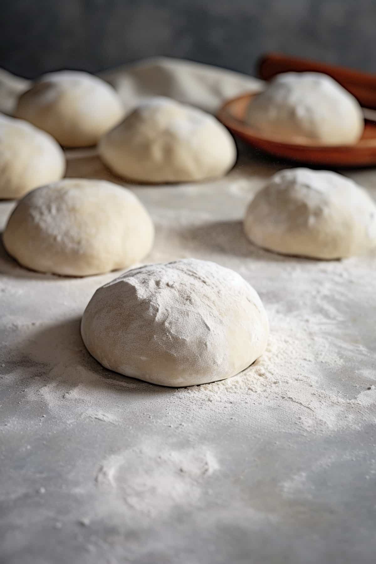 Naan dough in 8 portions on a floured table.