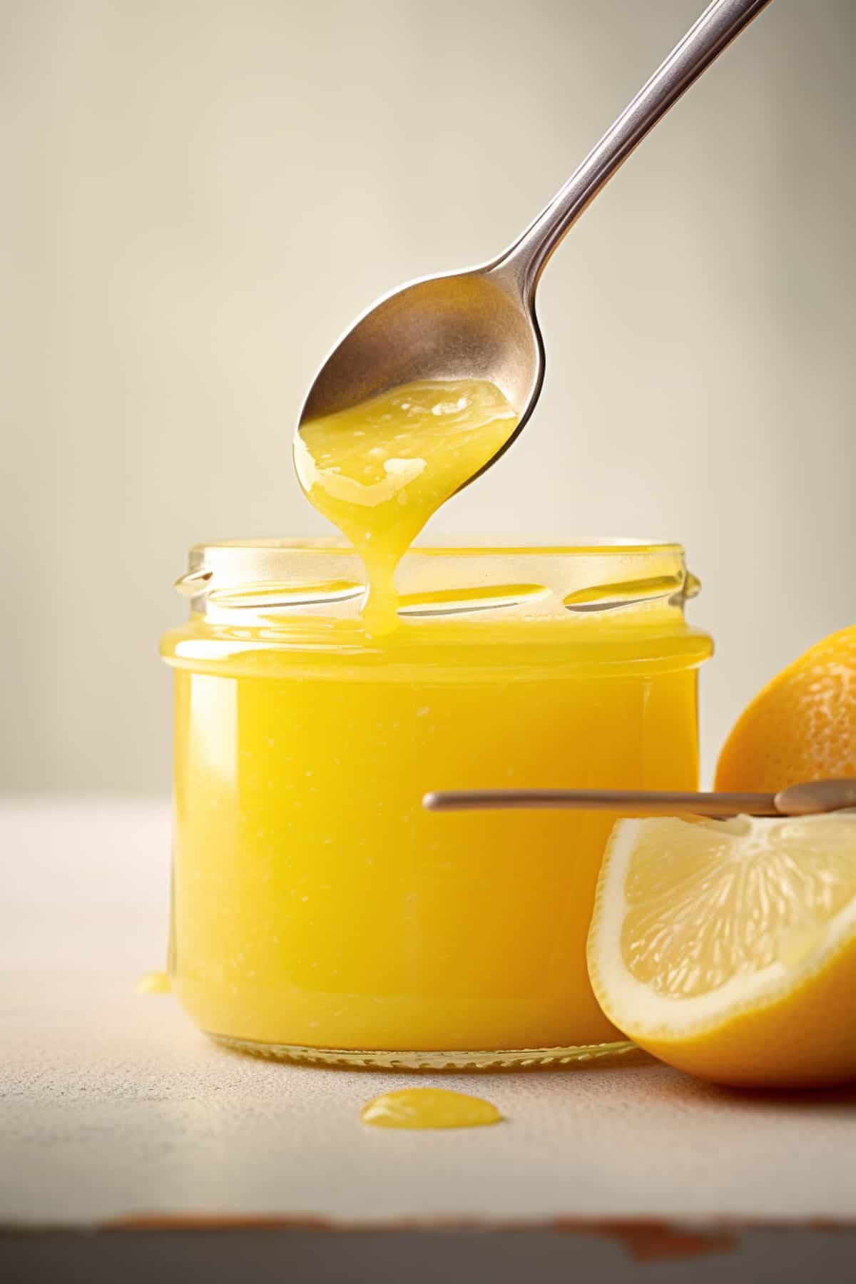 Lemon curd in a jar with a spoon.