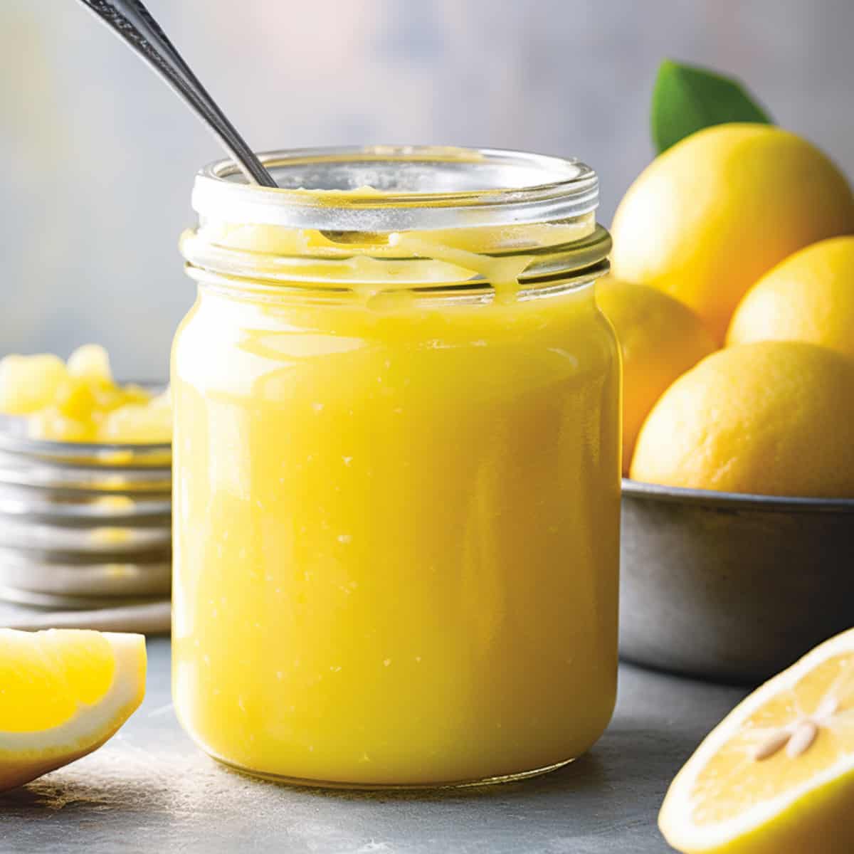 Lemon curd in a glass jar.