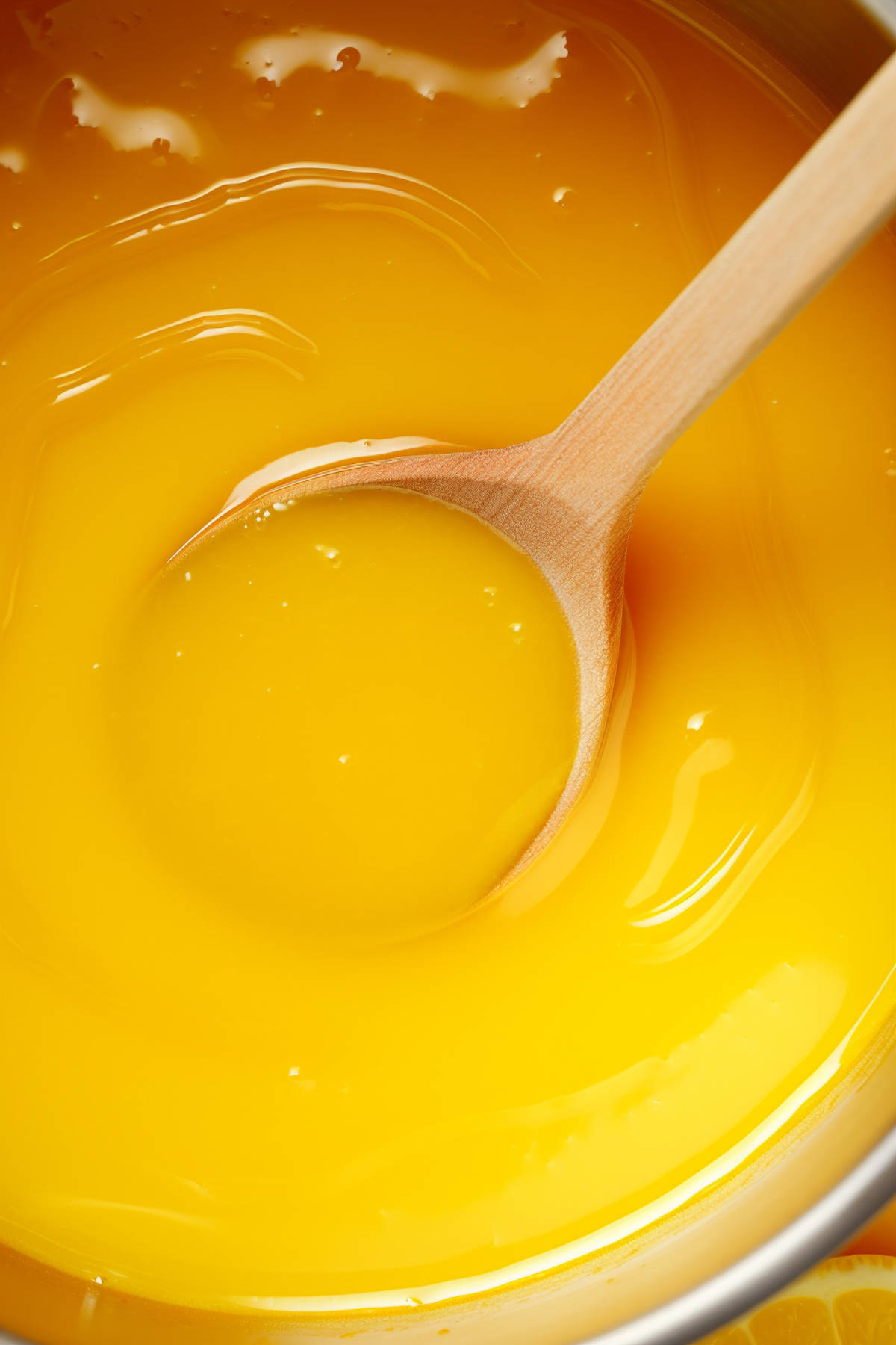 Close up of lemon curd in a sauce pan.