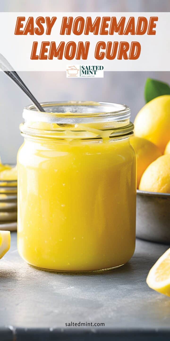 Lemon curd in a jar with text overlay.