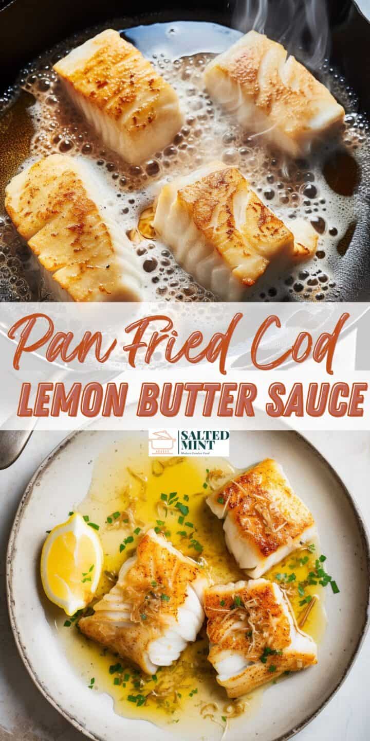Pan fried cod fish fillets in lemon butter sauce with parsley.