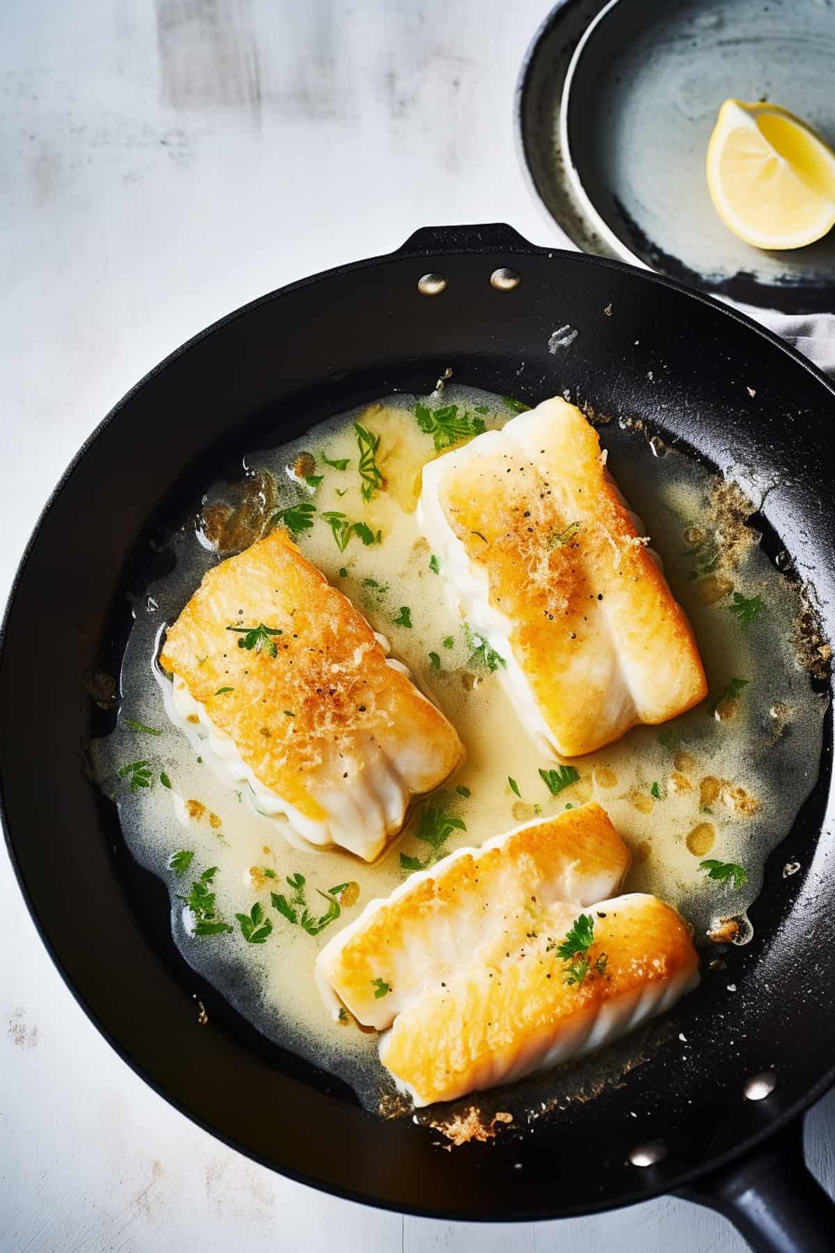 Pan fried cod in and a skillet with lemon butter sauce.