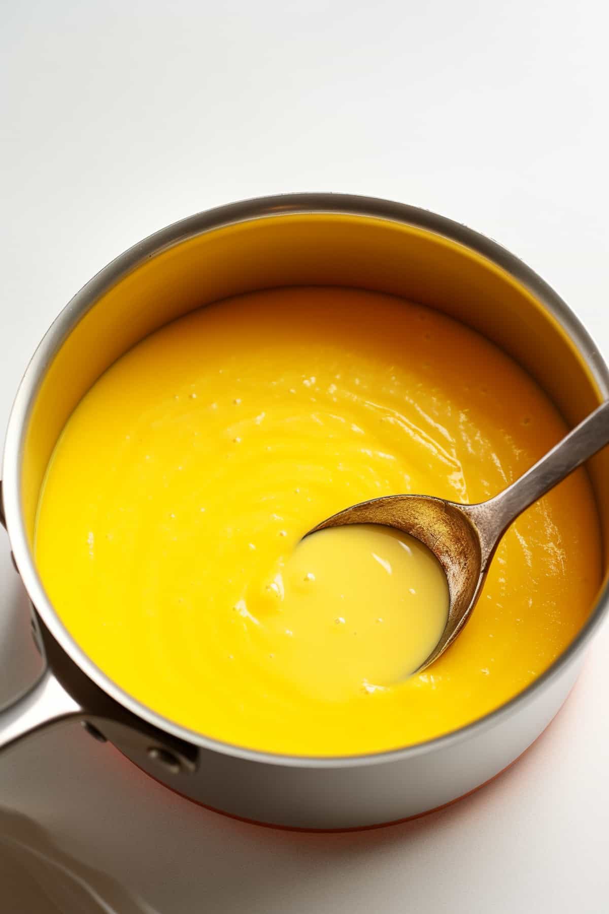 Passion fruit curd in a sauce pan with a spoon.